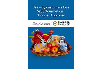 "Gourmet gift basket with fruit, cookies, waffles, chocolate, and fresh flowers, featuring 5280Gourmet’s verified 4.7-star rating from 782 reviews."