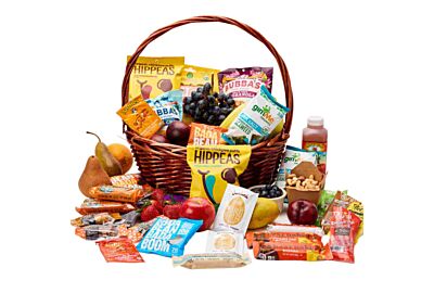 Vegan corporate gift basket with premium plant-based snacks and fruit by 5280Gourmet in Denver