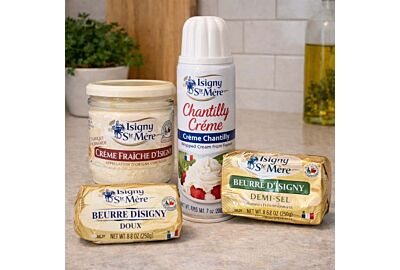 Isigny French dairy collection including creme fraiche, chantilly cream, salted butter and unsalted butter from Normandy France