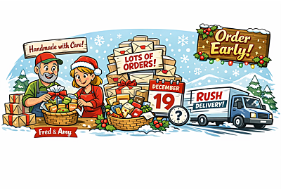 Cartoon illustration of Fred and Amy Kops hand-assembling 5280Gourmet gift baskets during the Christmas rush with an Order Early sign and delivery truck