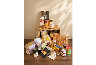 Luxury bespoke gift basket with gourmet foods, artisan cheese, chocolate and elegant serving pieces