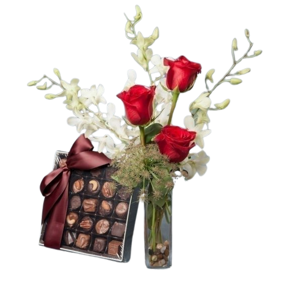 Romantic Rose and Orchid Budvase with 12 pack of Chocolate Truffles