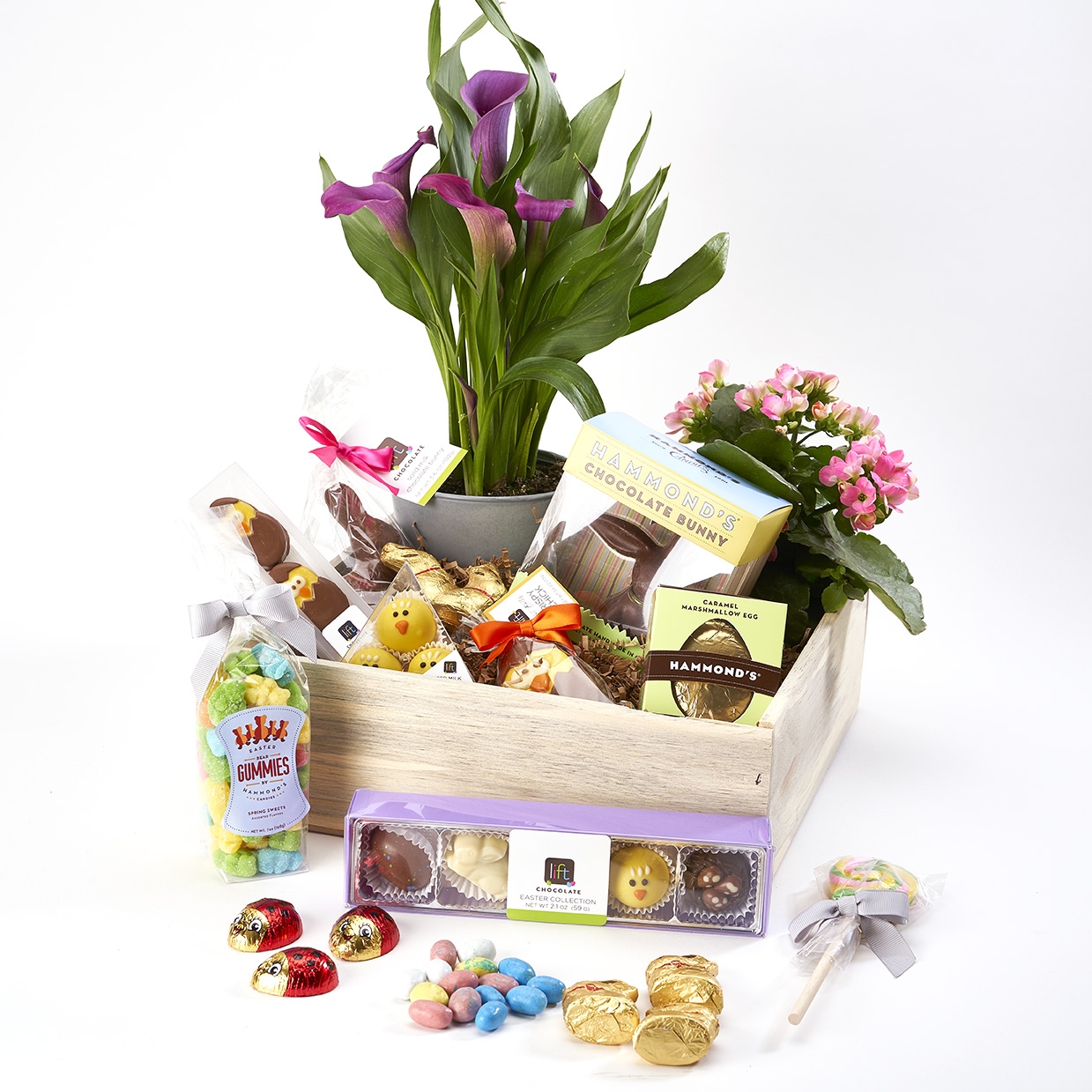 Easter Chocolate and Bunny Crate Made with Colorado Products, Designer Choice plants