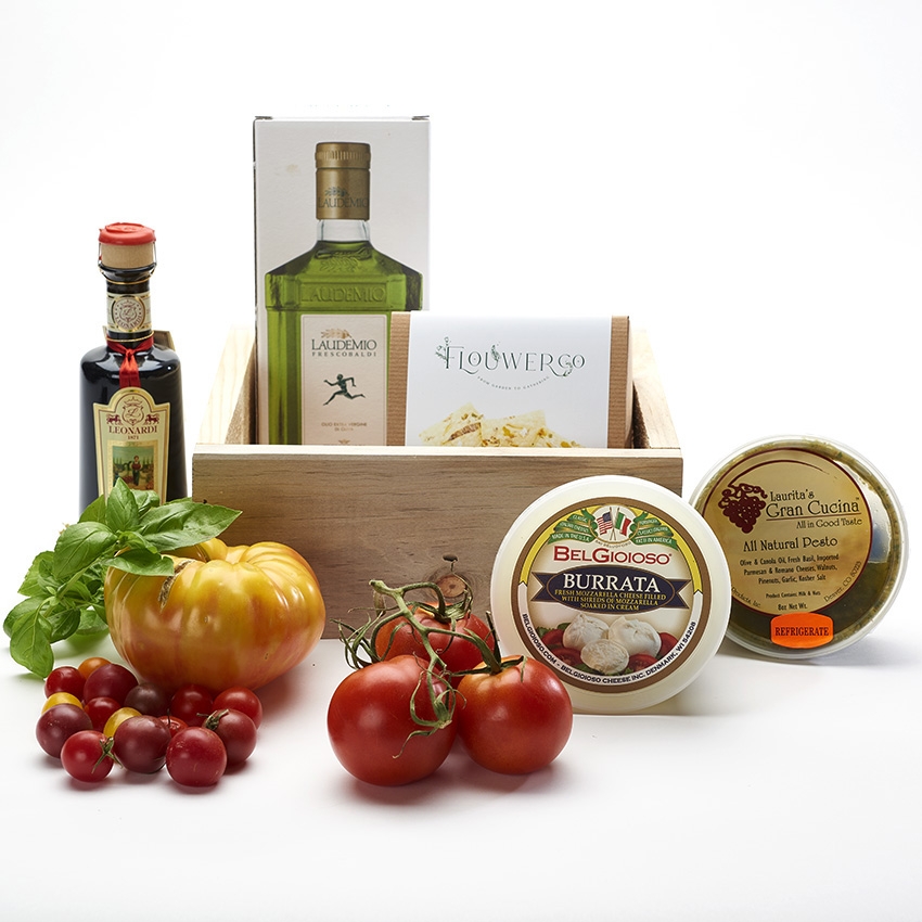 Burrata Gourmet Gift Basket with 5 year Balsamic and High end olive oil