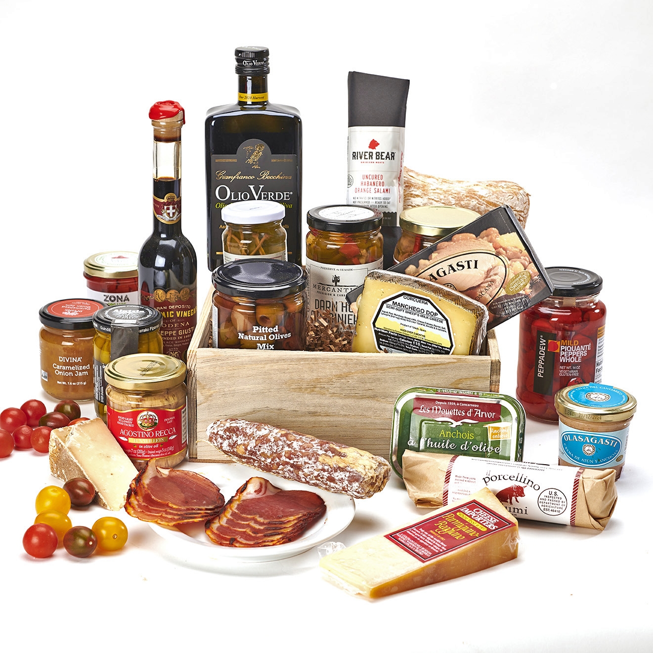 Antipasto Basket with European and Coloradan Products, Local Salami, giardiniera and a nice EV olive oil and a high end aged balsamic vinegar