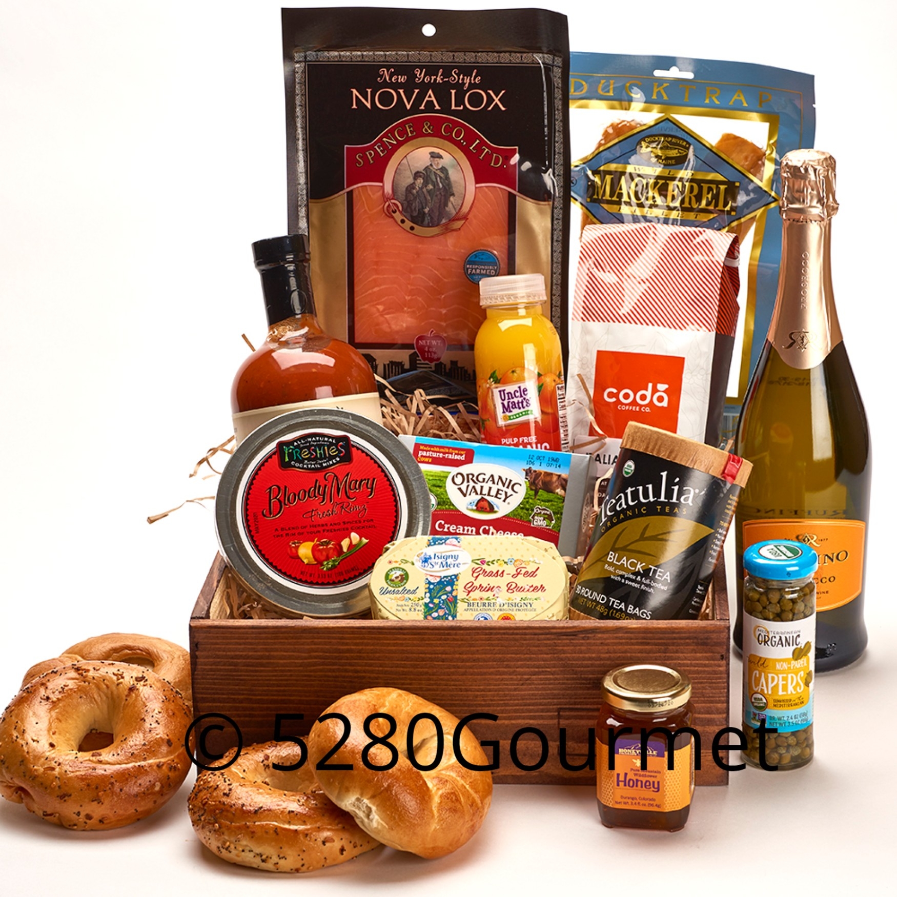 Smoked Fish breakfast basket with Local Products and sparkling fruit juice