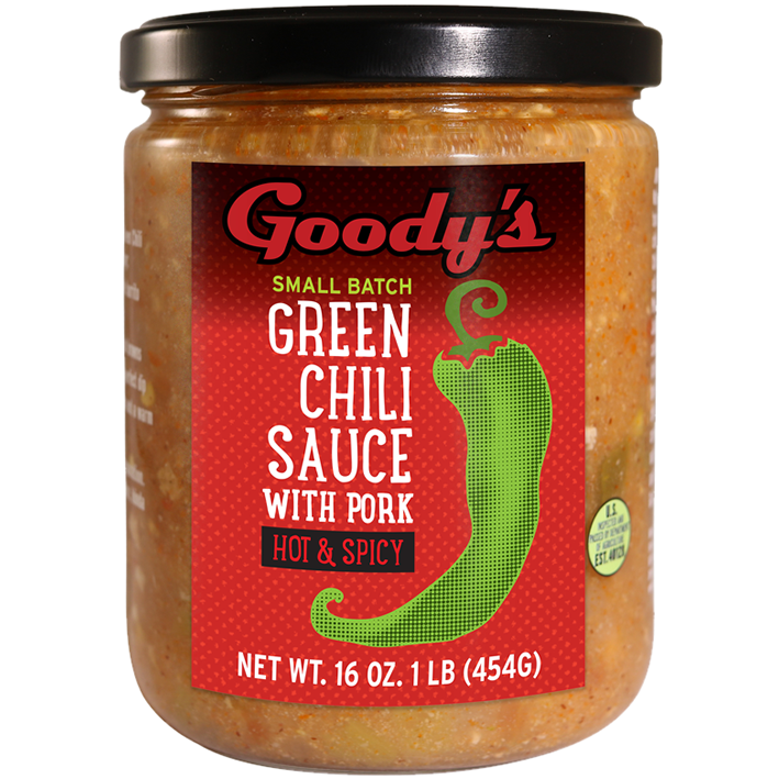 Hot Goody Small Batch Green Chili Sauce with pork 16 Oz