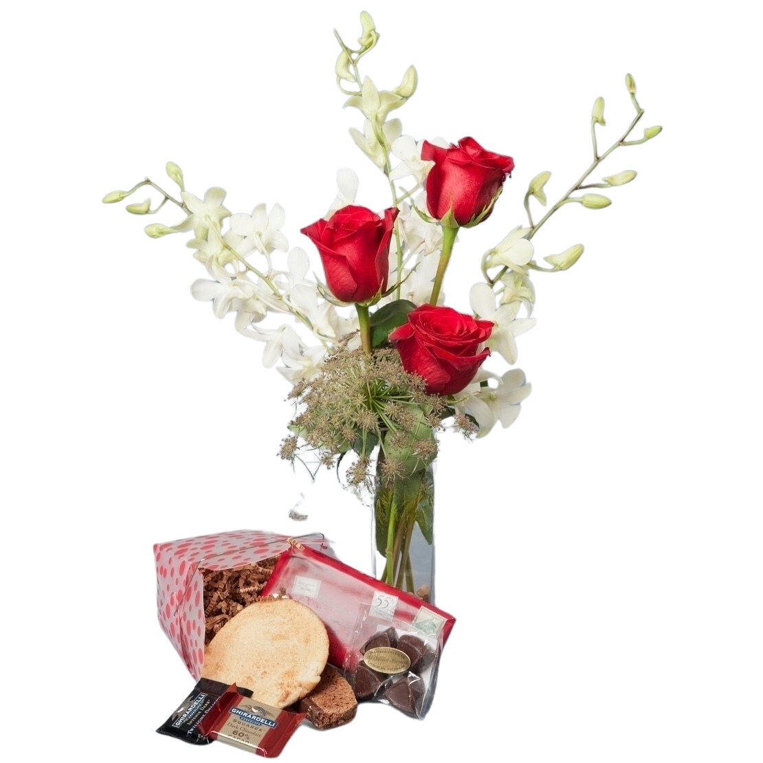 Valentine Romantic Rose and Orchid Budvase with Chocolate care package