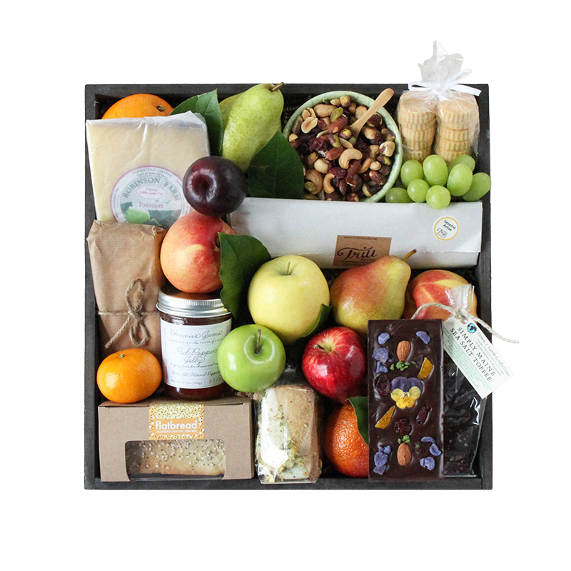 Local Cheese, nuts, Fruit , and accompaniments wooden gift crate
