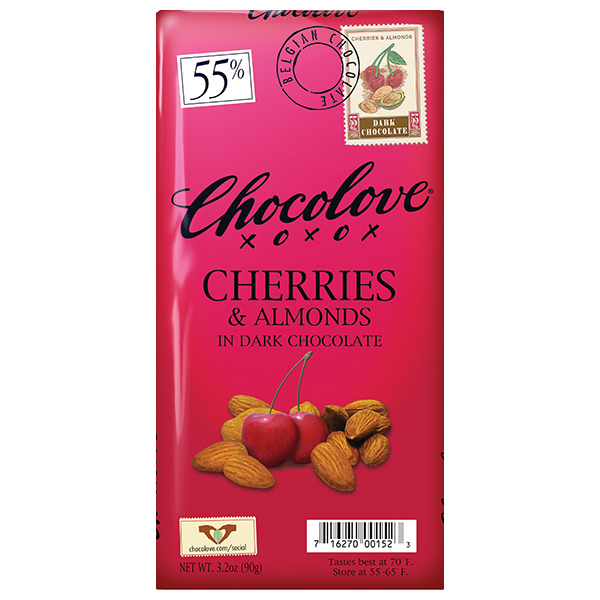 Chocolove Cherries & Almonds in Dark Chocolate Bar 55% Cocoa 3.2 Oz LOCAL