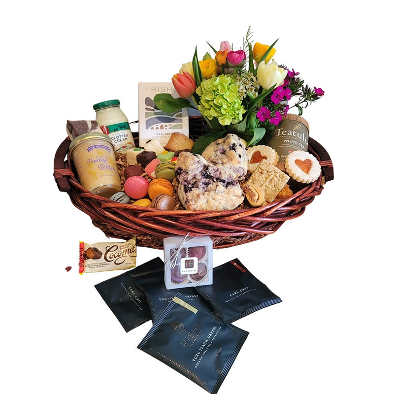 Colorado High Tea, Scones and Honey Butter Basket with fresh flowers.
