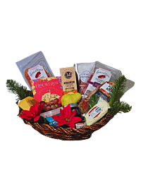 A gourmet office charcuterie basket featuring 99% Colorado-made products, including Ill Porculino Salami and Braeseola, River Bear Lomo, James Ranch Belford Cheese, Yoder Ranch Goat Cheese, Red Camper Mostarda, Jay Primo Fruit Paste, fresh fruit, Marcona