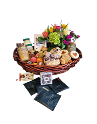 Colorado High Tea, Scones and Honey Butter Basket with fresh flowers.