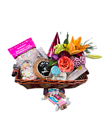 Petite Birthday Delight Basket with cookies, chocolates, and festive items
