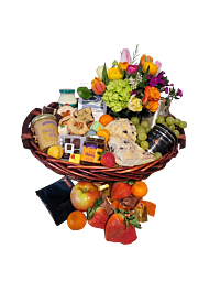 Denver High Tea, Scones, honey Butter, Colorado Honey, Palisades Peach Jam Basket with fresh flowers.