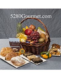 Extra-large gift basket with seasonal fruit, pastries, chocolates, flowers and greenery