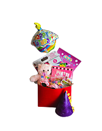 "Birthday Activity Gift Basket for Kids featuring birthday popcorn, chocolate, decorated cookie, marshmallows, Disney activity book, coloring book, stickers, party hats, tooters, birthday glasses, and a teddy bear in pink or blue, perfect for boys and gir