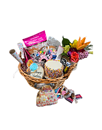Celebration Extravaganza Birthday Basket with cookies, cake, chocolates, and festive items