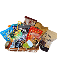 Colorado Medium Office Graze and Share Snack Basket featuring local Colorado-made snacks such as Oogie’s popcorn, Denver Chip Co. chips, Gnarly Cookies, Bibamba Chocolate, and Hammond’s Caramels, perfect for sharing in medium-sized offices.