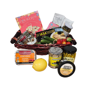A luxurious Medium Sea-cuterie Basket, filled with a variety of top-brand tinned fish including Arroyabe and Agostino Recca, accompanied by gourmet crackers, truffle butter, caperberries, and Spanish pickled peppers
