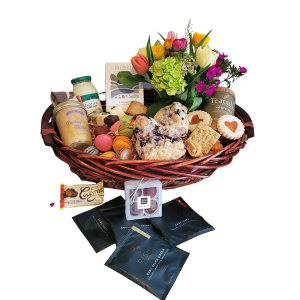 Colorado High Tea, Scones and Honey Butter Basket with fresh flowers.