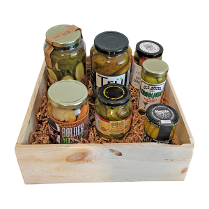 5280Gourmet Proudly Large Artisan Pickle Crate with some local brands  . All small batch  made pickles. May be different from image. You will get 6 different kinds of Pickles from US and International producers. You can find Real Dill, Bolder beans, Merca