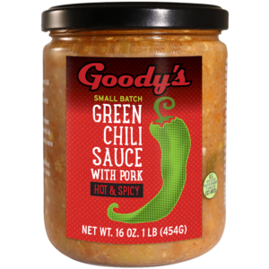 Hot Goody Small Batch Green Chili Sauce with pork 16 Oz