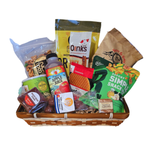 Colorado Small Office Graze and Share Snack Basket with local Colorado-made treats such as Oogie&rsquo;s popcorn, Denver Chip Co. chips, Gnarly Cookies, Hammond&rsquo;s Caramels, and Bibamba Chocolate, perfect for sharing in offices or small gathering
