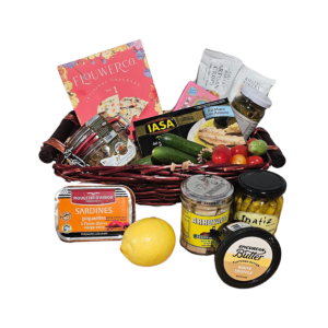 A luxurious Medium Sea-cuterie Basket, filled with a variety of top-brand tinned fish including Arroyabe and Agostino Recca, accompanied by gourmet crackers, truffle butter, caperberries, and Spanish pickled peppers