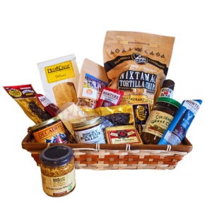 Colorado gift basket with elk bison venison sausage green chili salami jerky cheese salsa chips and gourmet foods