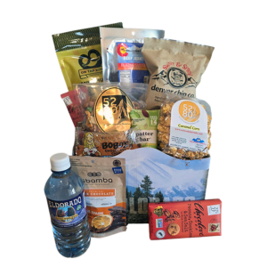 Deluxe Welcome to Colorado & Denver Gift Box with Colorado snacks, Chocolove chocolate, beef jerky, popcorn, pretzels and gourmet treats