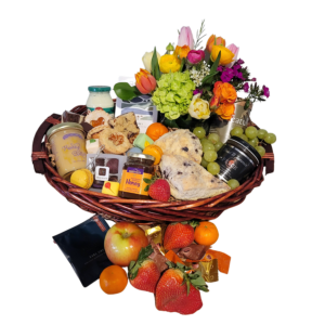 Denver High Tea, Scones, honey Butter, Colorado Honey, Palisades Peach Jam Basket with fresh flowers.