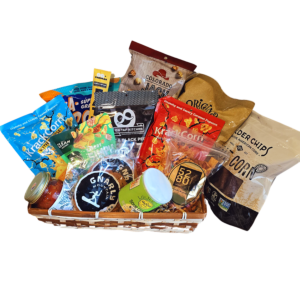 Colorado Medium Office Graze and Share Snack Basket featuring local Colorado-made snacks such as Oogie&rsquo;s popcorn, Denver Chip Co. chips, Gnarly Cookies, Bibamba Chocolate, and Hammond&rsquo;s Caramels, perfect for sharing in medium-sized offices.