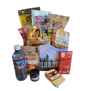 Premium Welcome to Colorado and Denver Gourmet Gift Box with artisan cheese, River Bear green chile salami, Red Camper mostarda, Colorado snacks, chocolate, popcorn and pretzels