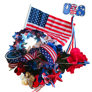 Add red, white, and blue 4th of July or America 250 decorations to any gift basket. Choose Standard, Medium, or Over-the-Top patriotic decoration.