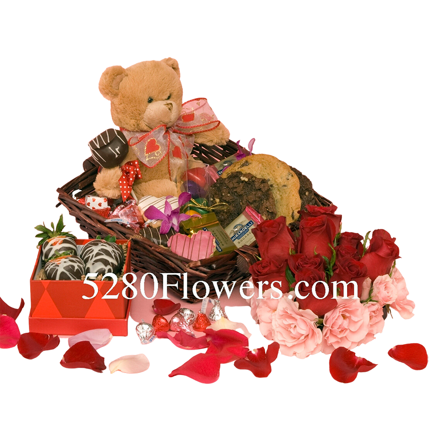 Valentine Rose heart, with Chocolate Basket and a Bear