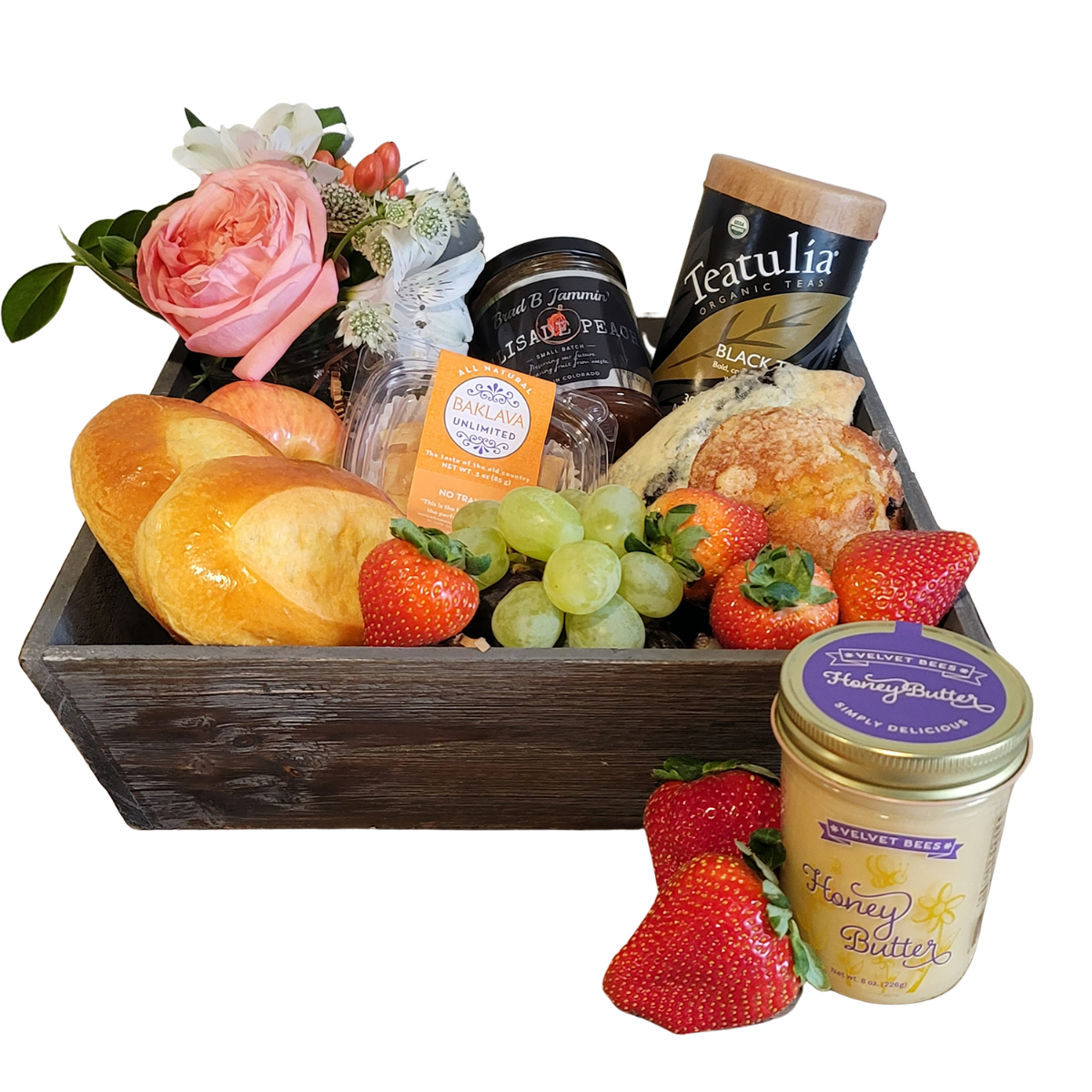 Denver Breakfast Crate with Flowers, Palisade Peach Jam and Honey Butter