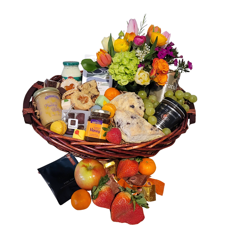 Denver High Tea, Scones, honey Butter, Colorado Honey, Palisades Peach Jam Basket with fresh flowers.
