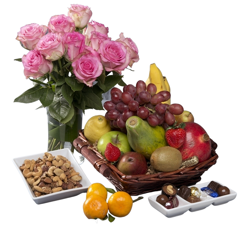 Fruit, mixed Nuts, Fair Trade Roses and Local Chocolate, organic option available