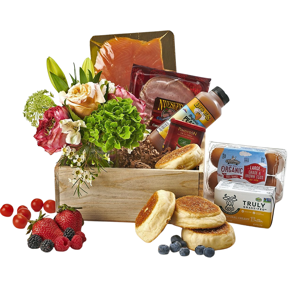 Salmon or Canadian Bacon Eggs Benedict basket with Flowers