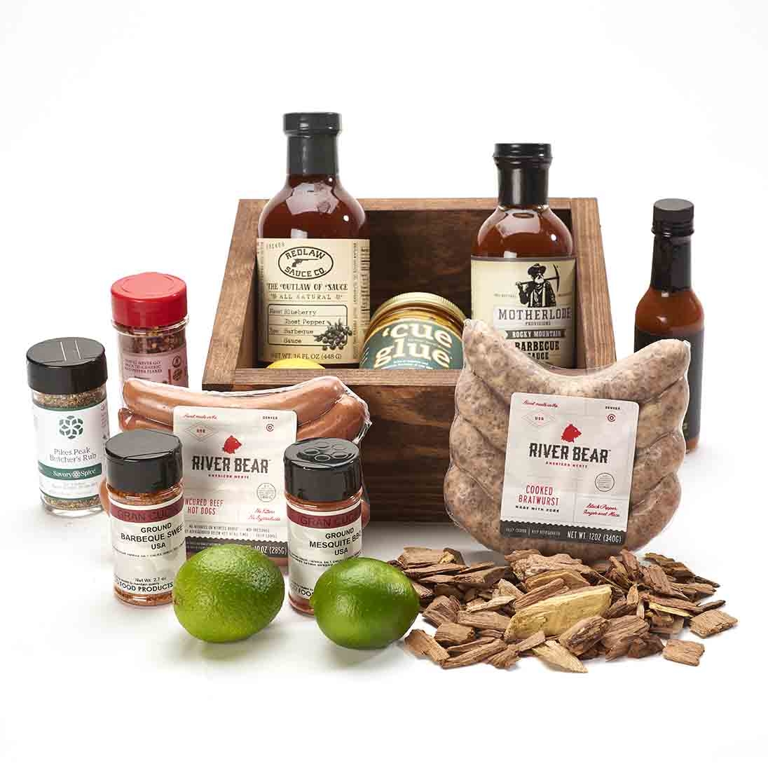 Colorado Barbecue Basket in recycled wood crate with River Bear hot dogs and brats