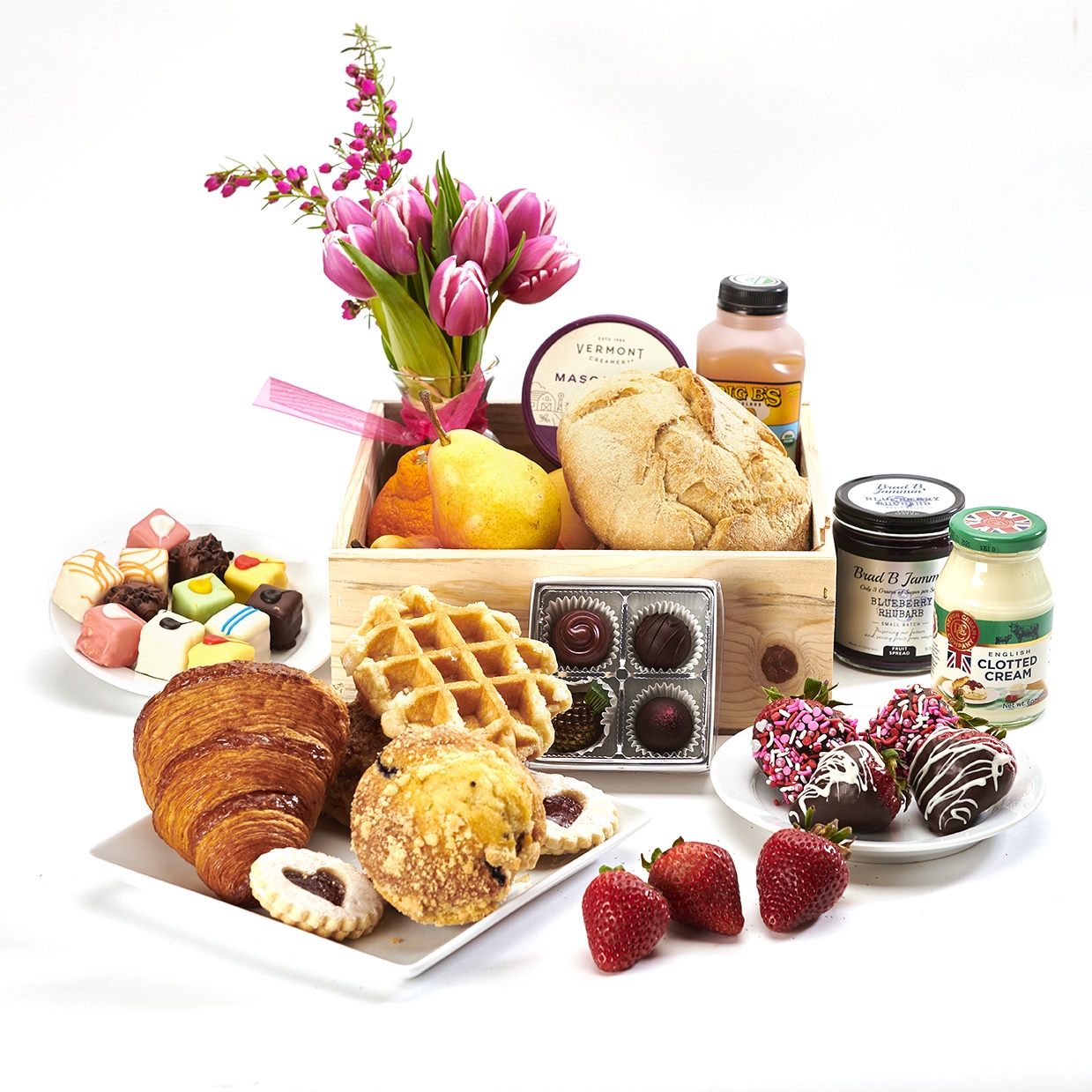 Fruits , flowers and pastries, Jam, Honey, Chocolate Covered Strawberries and a Market arrangement