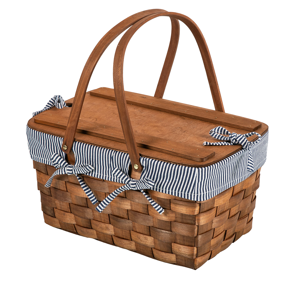 Kansas Handwoven Wood Picnic Basket Navy Blue & White Stripe