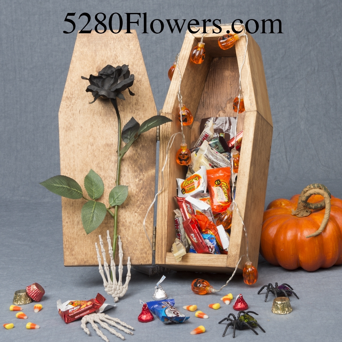 Halloween Coffin with candy and a black silk rose