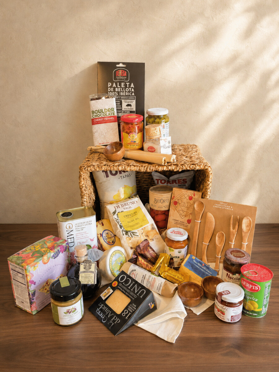 Luxury bespoke gourmet basket with artisan foods and serving accessories