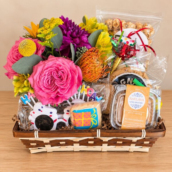 Festive birthday gift basket with fresh flowers
