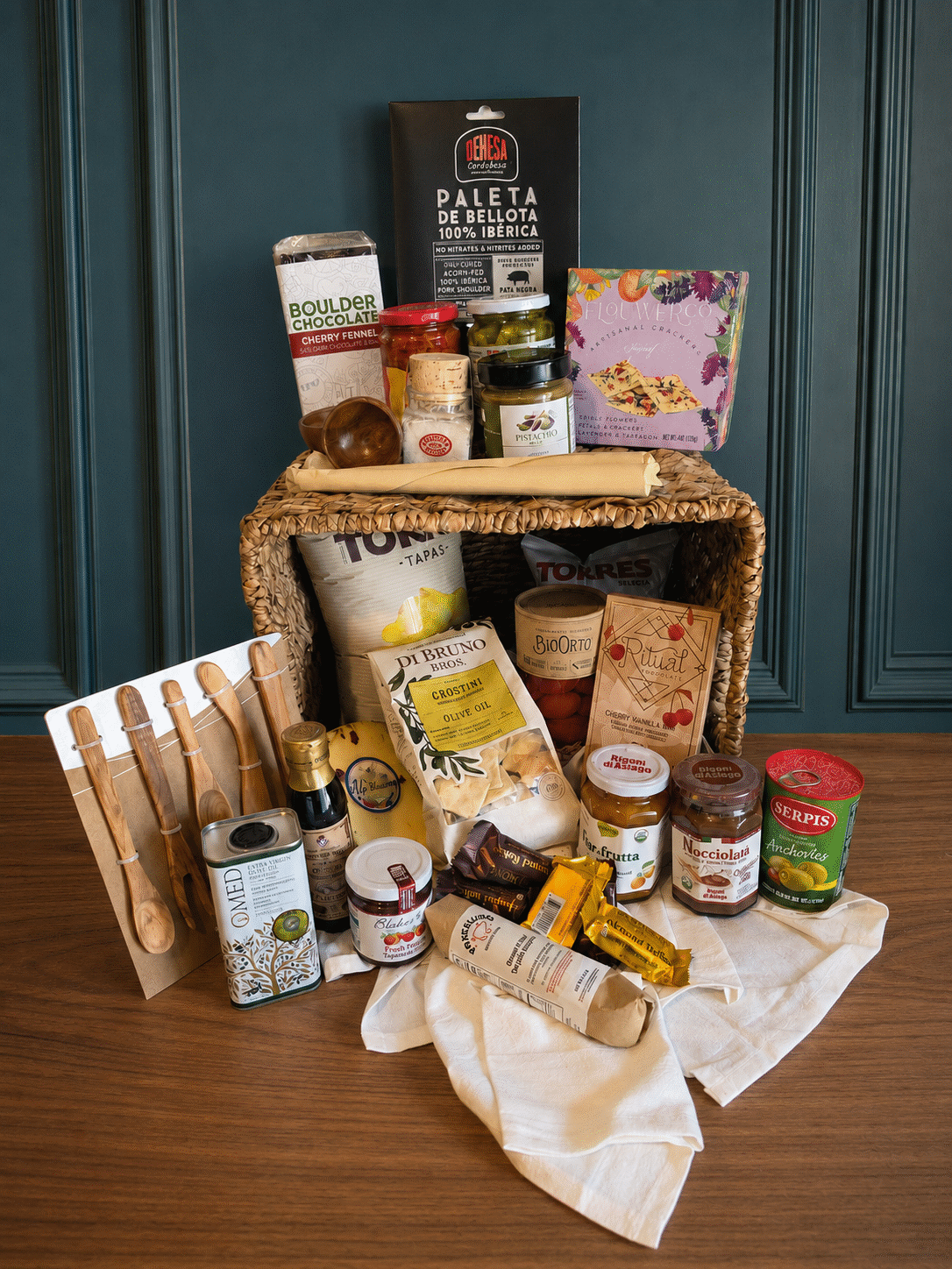 Custom luxury gourmet basket with artisanal foods and elegant presentation