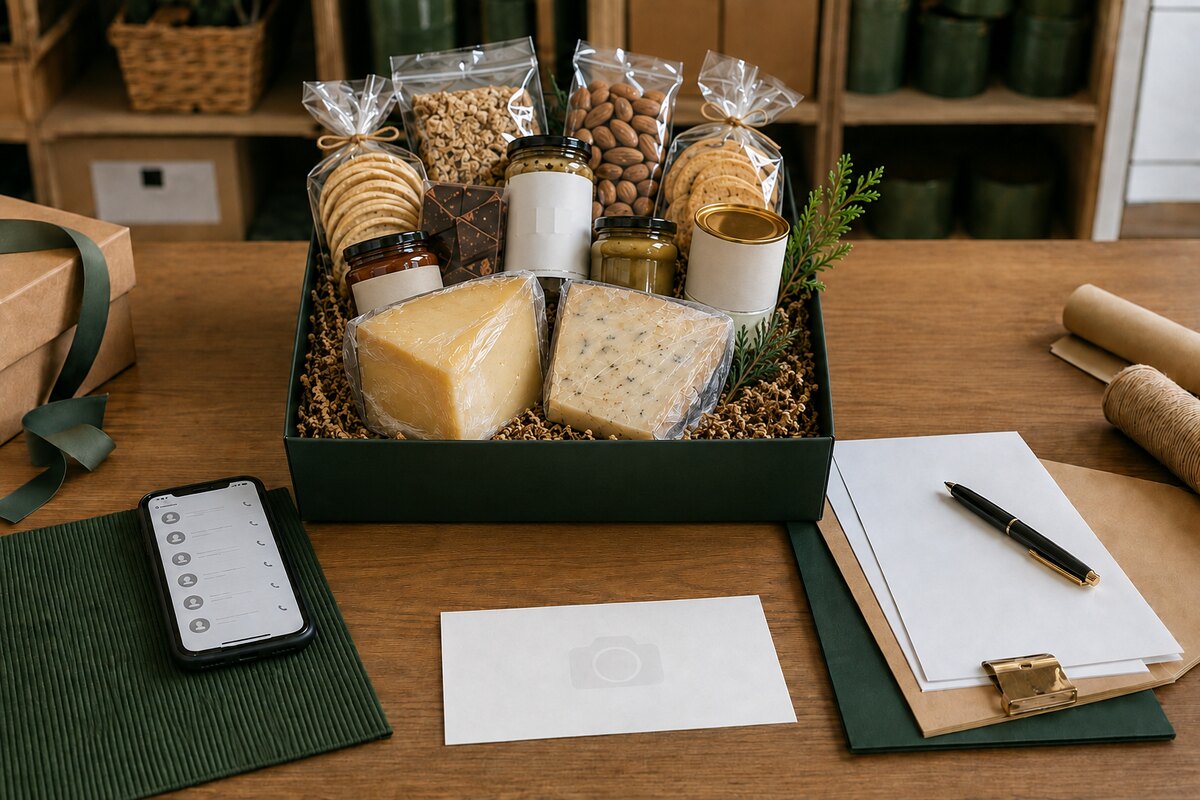 Illustration of one replacement gift basket containing two cheeses with call records, missing photographs, and transaction documentation