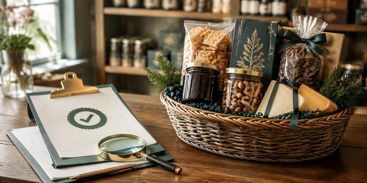 Gourmet gift basket with verification documents representing verified customer reviews at 5280Gourmet